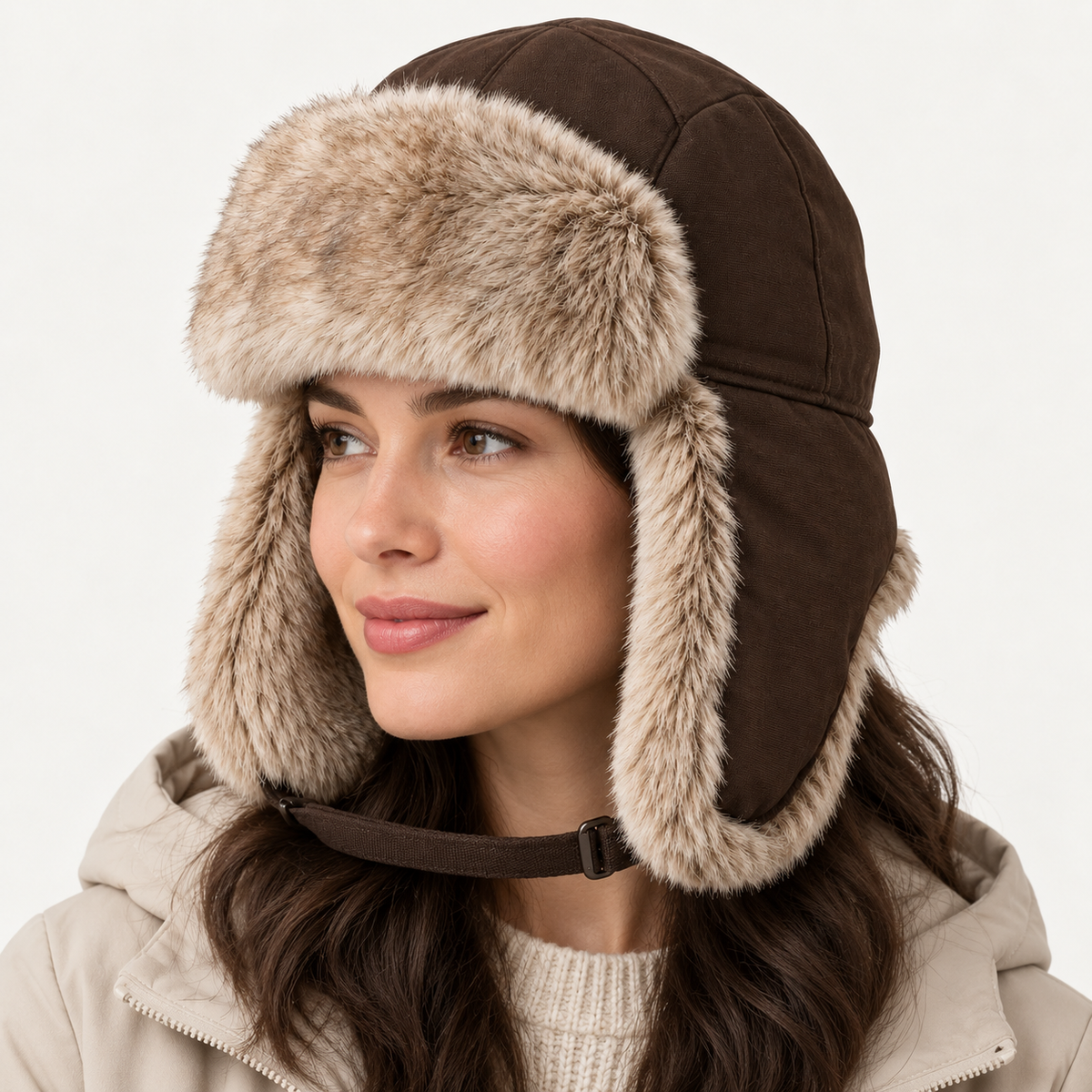 Velunorar Faux Fur Trapper Hat – Winter Ear Flap Hat with Adjustable Strap