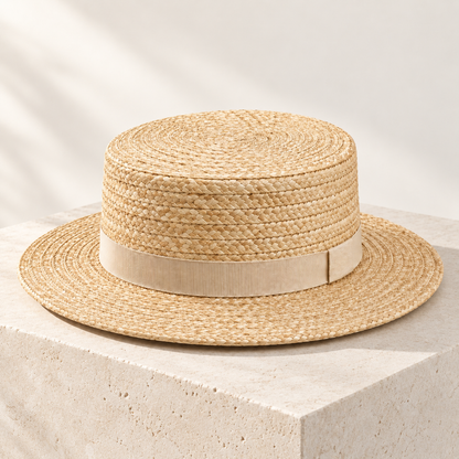 Velunorar Classic Straw Boater Hat – Wide Brim Summer Hat with Decorative Band