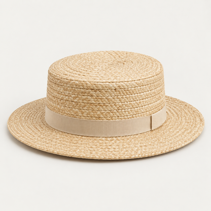 Velunorar Classic Straw Boater Hat – Wide Brim Summer Hat with Decorative Band