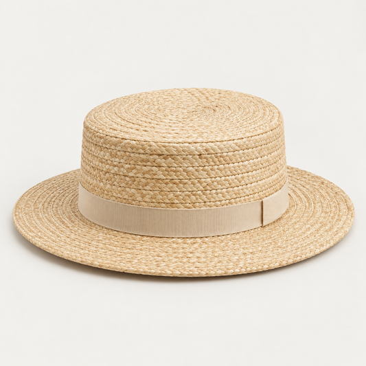 Velunorar Classic Straw Boater Hat – Wide Brim Summer Hat with Decorative Band