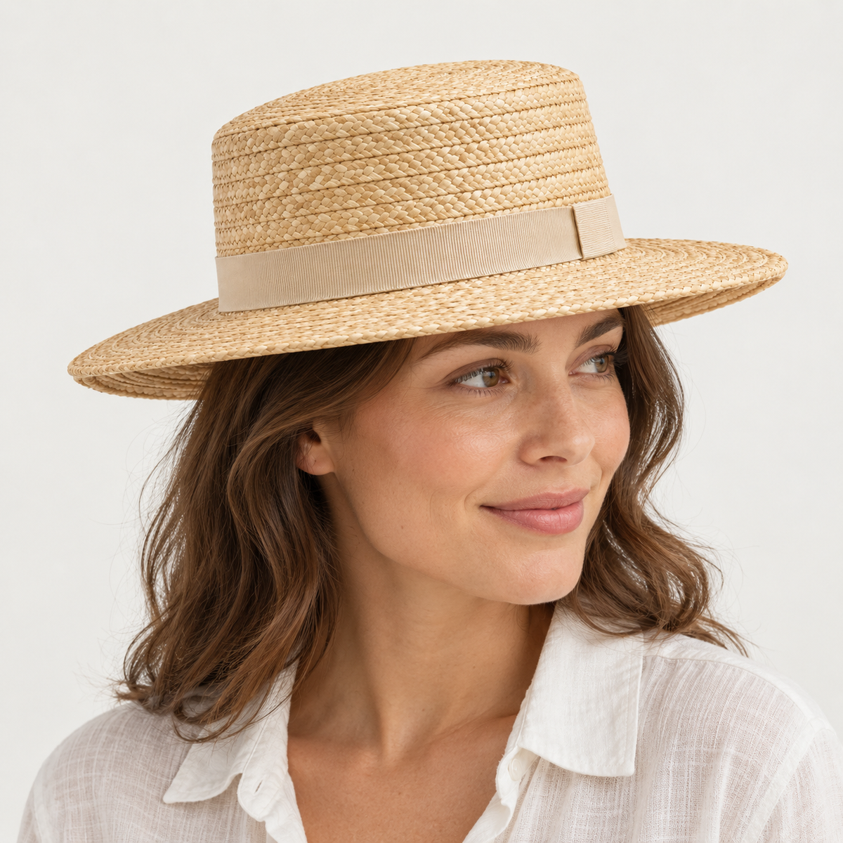 Velunorar Classic Straw Boater Hat – Wide Brim Summer Hat with Decorative Band