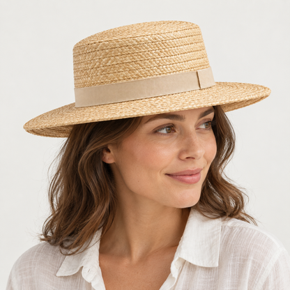 Velunorar Classic Straw Boater Hat – Wide Brim Summer Hat with Decorative Band