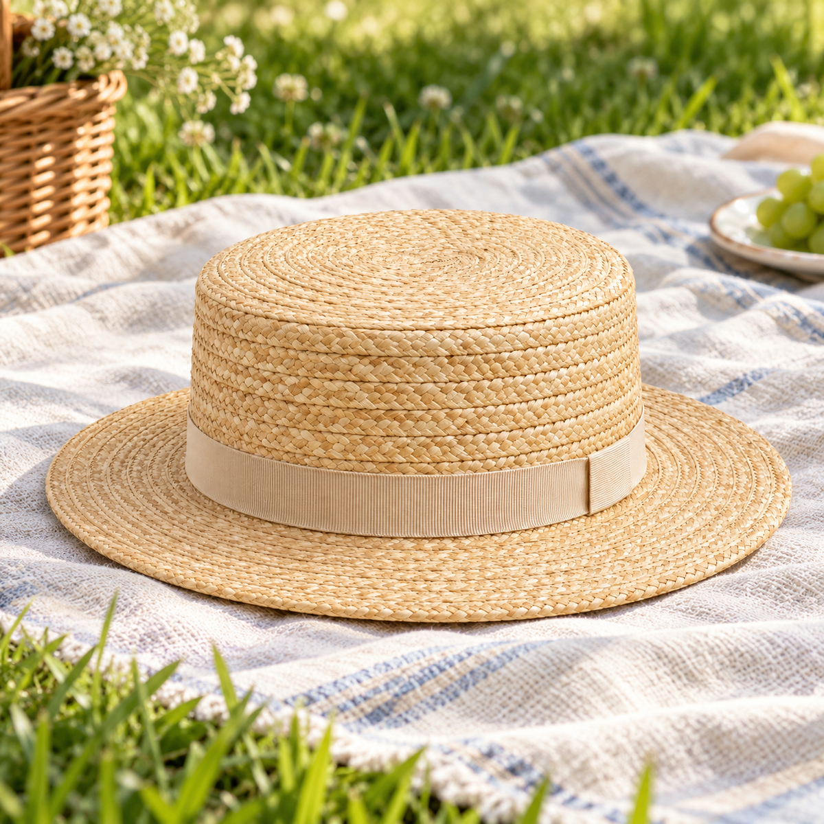 Velunorar Classic Straw Boater Hat – Wide Brim Summer Hat with Decorative Band